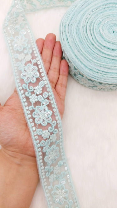 9 Yards Soft Net Lace Trim Floral Embroidery and Sequins, Floral Sari Border, Decorative Trim